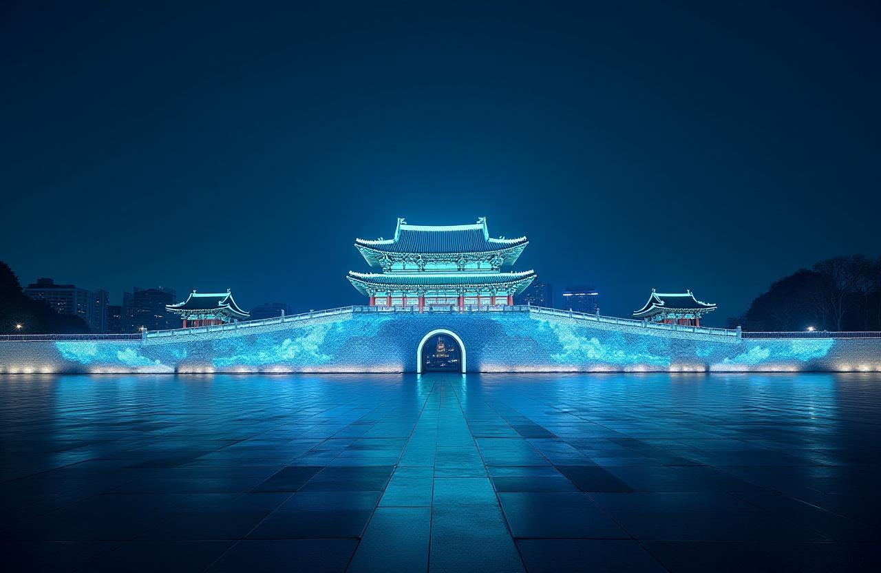 미래지향적인 홀로그램이 겹쳐진 경복궁의 야경