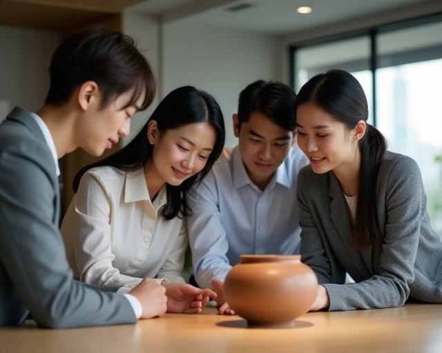 현대적인 사무실에서 전통적인 도자기를 보며 회의하는 미르 탐험 팀