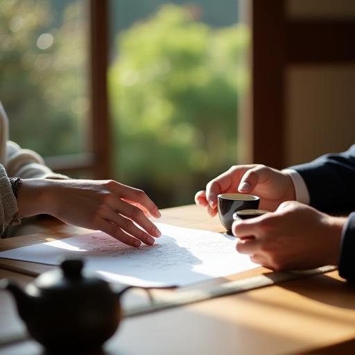 한옥에서 다도를 즐기며 여행 계획을 상담하는 모습