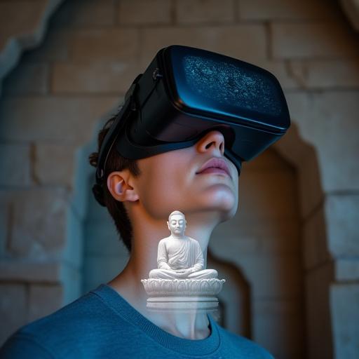 VR 헤드셋을 쓰고 석굴암 본존불을 가상으로 체험하는 사람