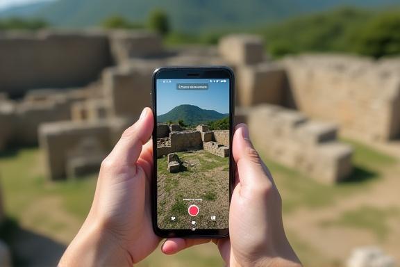 스마트폰 화면에 증강현실로 복원된 옛 성곽 모습