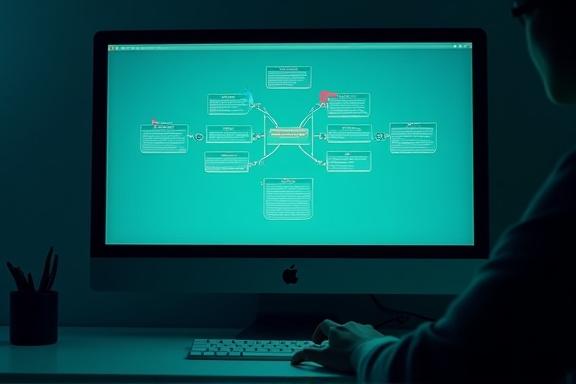 컴퓨터 화면에 보이는 복잡한 인터랙티브 스토리 분기점 다이어그램